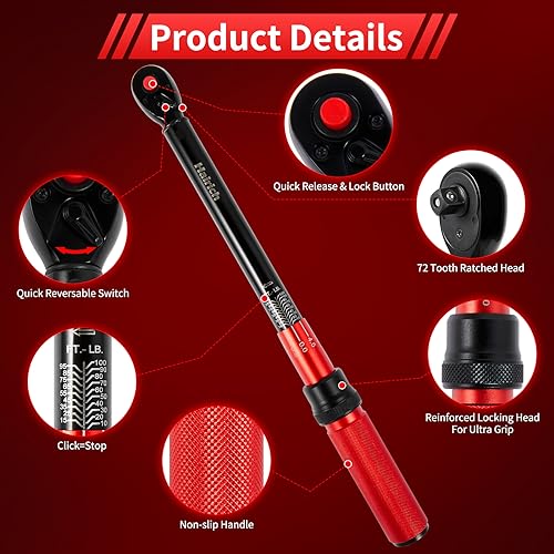 Hairich 3/8-Inch Torque Wrench, Dual-direction Torque Wrenches 10-100ft.lb/13.6-135.6Nm, 72-Tooth Dual Range Scales Torque Wrench with Quick Release Reversible Head | Dual-direction torque wrenches, 72-Tooth Dual Range Scales, Quick Release Reversible Hea