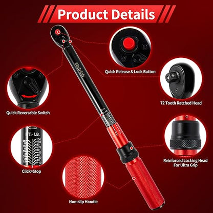 Hairich 3/8-Inch Torque Wrench, Dual-direction Torque Wrenches 10-100ft.lb/13.6-135.6Nm, 72-Tooth Dual Range Scales Torque Wrench with Quick Release Reversible Head | Dual-direction torque wrenches, 72-Tooth Dual Range Scales, Quick Release Reversible Hea