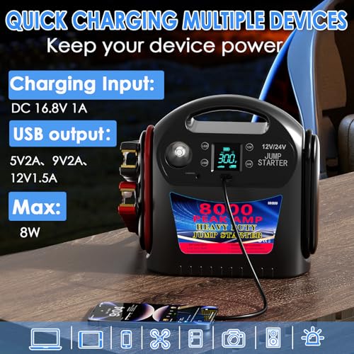 8000A 12V/24V Jump Starter for Large Gas & Diesel Engines, Heavy-Duty Portable Battery Booster Pack for Trucks, RVs & Commercial Vehicles with Force Start, Digital Display, LED Light & USB Charging