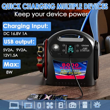 8000A 12V/24V Jump Starter for Large Gas & Diesel Engines, Heavy-Duty Portable Battery Booster Pack for Trucks, RVs & Commercial Vehicles with Force Start, Digital Display, LED Light & USB Charging