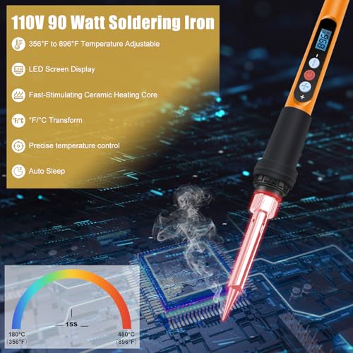 Soldering Iron Kit, 90W 110V Fast Heating LED Digital Soldering Pen, Adjustable Temperature Soldering Iron with Ceramic Heater, 10-in-1 Soldering Kit for Electronics Repair and DIY Projects - color: 10 in 1 Orange