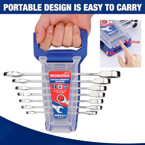WORKPRO Ratcheting Wrench Set, Metric, 7-piece Ratcheting Combination Wrench Set, 8mm, 10mm, 11mm, 12mm, 13mm, 14mm, 17mm, 12-Point, CR-V Steel, with Organizer Rack - size: 7-piece, style: Metric