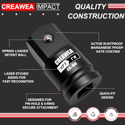 1/2" Female to 1" Male Impact Socket Adapter, 1/2" Impact Socket Adapter for High Torque Applications, Heavy-Duty Chrome Molybdenum Alloy Steel - size: 1/2" Female to 1" Male