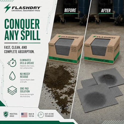 FLASHDRY Universal Spill Absorbent Pads, 17.5" x 13.5", 100-Count | Absorbs Oil, Grease, Coolant & Solvents, for Garages, Warehouses, Factories & Industrial Facilities, Comes in Dispener Box - size: 100 Pads - 2mm