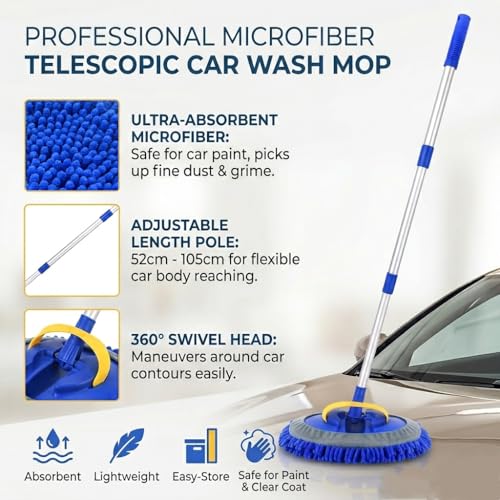42" Car Wash Brush, Portable Car Wash Mop with Ultralight Telescopic Handle | Chenille Microfiber Car Wash Kit, Car-Safe Wash Mop with Long Handle for Cars, Caravans, Vans, Trucks, Boats & RVs