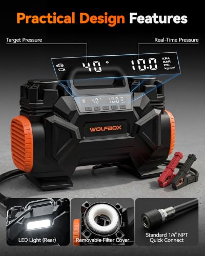 WOLFBOX HyperFlow60D 12V Portable Air Compressor, 60-Minute Runtime Offroad Air Compressor, 150 PSI Heavy Duty Tire Inflator with Auto Stop, Dual Cylinder Air Pump for Off-Road,4x4 Vehicle,Pickups,RVs