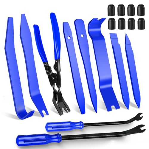 18 Pcs Auto Trim Removal Tool Kit with Non-Scratch Plastic Pry Tool Fastener Clip Pliers and Tire Caps Valve, Interior Door Panel Clip Removal Set for Vehicle Dash,Blue - color: Blue, size: 18 PCS