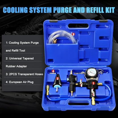 JIFETOR Radiator Coolant Refill Cooling System Vacuum Purge Tool Kit Blue | Universal Automotive Water Tank Pneumatic Vacuum Antifreeze Change Filler Set Tapered Adapter Case Hose for Car Van SUV Truck - color: Blue Case