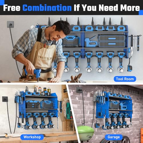 ZESEN Power Tool Organizer with Charging Station, Heavy Duty 4 Layer Drill Holder Wall Mount Garage Shelf Rack with 6 Outlet Power Strip, Tool Shelf with Hooks, Drill Bit Rack for Garage, Blue - color: Blue
