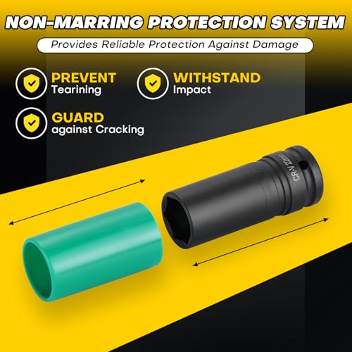 Ultimate Wheel Protector Impact Socket Set | 1/2'' Drive Lug Nut Socket, Non-Marring Thin Wall Design, CR-V Alloy,Color-Coded Protective Sleeve,6-point(15 17 19 21 22 mm)