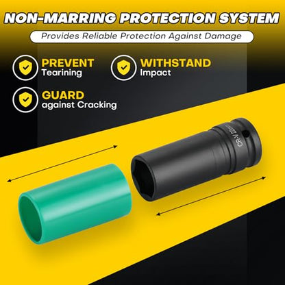 Ultimate Wheel Protector Impact Socket Set | 1/2'' Drive Lug Nut Socket, Non-Marring Thin Wall Design, CR-V Alloy,Color-Coded Protective Sleeve,6-point(15 17 19 21 22 mm)