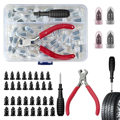 70PCS Tire Repair Rubber Nails,Vacuum Tire Repair Nails,4 Sizes Screw in Tire Plugs Kit with Storage Box & Screwdriver, Fast Self-Service Tire Plug Repair Tool for Car Motorcycle Bike Truck - color: white