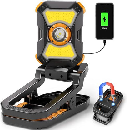 Adelante W3 Rechargeable Clamp Work Light, 2100LM, 360° Rotating Head | 4000mAh battery, 3-10 hours runtime, 2.5 in clamp, dual magnets, IPX4 waterproof, USB-C charge and USB output for workshop