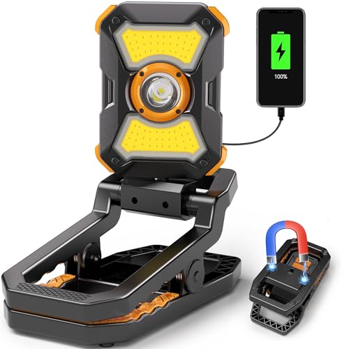 Adelante W3 Rechargeable Clamp Work Light, 2100LM, 360° Rotating Head | 4000mAh battery, 3-10 hours runtime, 2.5 in clamp, dual magnets, IPX4 waterproof, USB-C charge and USB output for workshop