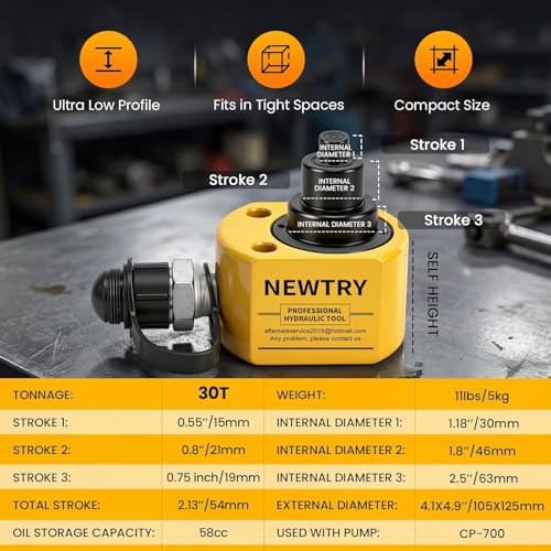 NEWTRY 30 ton Low Profile Hydraulic Jack Porta Power Kit + CP-700 Manual Hydraulic Hand Pump Multi Section Jack, 2.12” Stroke Industrial Mini Hydraulic Cylinder - size: 30T Hydraulic Jack + cp-700 Pump
