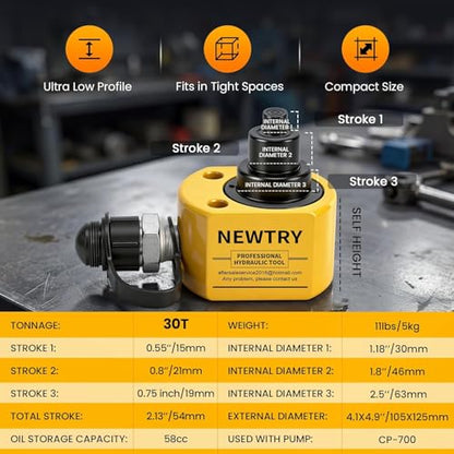 NEWTRY 30 ton Low Profile Hydraulic Jack Porta Power Kit + CP-700 Manual Hydraulic Hand Pump Multi Section Jack, 2.12” Stroke Industrial Mini Hydraulic Cylinder - size: 30T Hydraulic Jack + cp-700 Pump