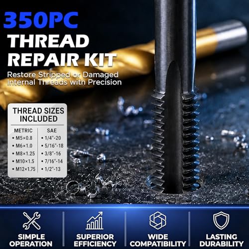 350PC SAE and Metric Thread Repair Kit, Thread Restorer Tool Set with HSS Drill Bits, Taps, Thread Inserts, Installation and Break-Off Tools for Stripped Threads, Automotive Repair and Metalworking - size: 350-Pc SAE & Metric Pro Master Kit