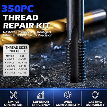 350PC SAE and Metric Thread Repair Kit, Thread Restorer Tool Set with HSS Drill Bits, Taps, Thread Inserts, Installation and Break-Off Tools for Stripped Threads, Automotive Repair and Metalworking - size: 350-Pc SAE & Metric Pro Master Kit