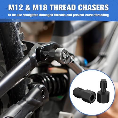 12-Piece Oxygen Sensor Socket Set & Thread Chaser Set, with 22mm 27mm 29mm 7/8" 1-1/16" Sockets 1/2" 3/8" Drive, for Oil Pressure, Vacuum, Thermal Sensors - size: 12-Piece