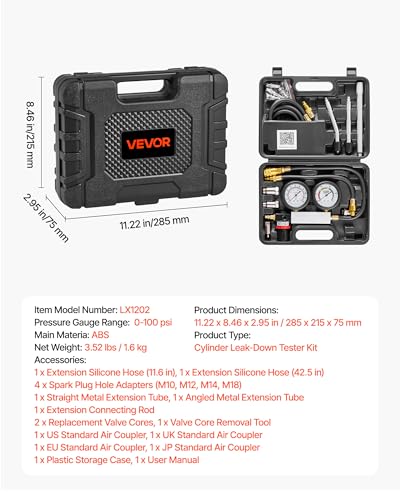 VEVOR Engine Cylinder Compression Tester Kit, Pressure Gauge Range of 0-100 PSI, Automotive Leak Down Tester Kit with 4 Adapters, 2 Metal Tubes, Pressure Check & Leakage Rate Test on Cars, Motorcycles