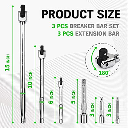 SWANLAKE GARDEN TOOLS 6-Piece Premium Breaker Bar Set, 1/4", 3/8" & 1/2" Drive, Heavy Duty Breaker Bars, 6-inch, 10-inch, 15-inch Length with 180° Rotatable Head - style: 6PCS SET