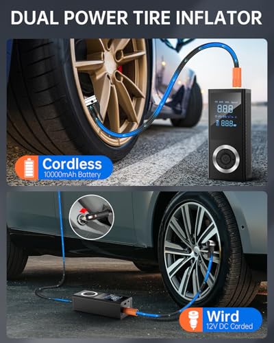 Tire Inflator Portable Air Compressor, 150 PSI Smart Air Pump for Car Tires with Digital Pressure Gauge, LED Light, 12V Car Power Adapter, Storage Box