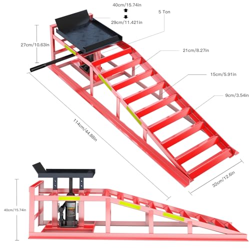 2 PCS Hydraulic Car Ramp, 5T/11000 LBS Heavy-Duty Car Ramp, Hydraulic Oil Change ramp with Built-in high Visibility Reflective Strip, Adjustable Lifting Height of 9.8-15 in Garage Car Ramp,Red - color: Red