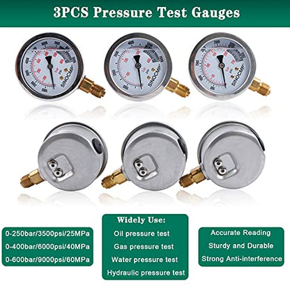 Hydraulic Pressure Test Kit, 3 Pressure Gauges 25Mpa/40Mpa/60Mpa 6 Test Couplings 3 Test Hoses 1 Storage Case Diagnosis Tester Gauge Set for Excavator Construction Machinery Upgraded Version - size: Green 3 Gauges 6 Couplings