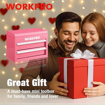 WORKPRO Metal Mini Tool Box with 2 Drawers and Top Storage | Cold Rolled Steel Toolbox, Ball Bearing Slides, PVC Drawer Liners, PP Feet Pads, Durable Storage - color: Pink