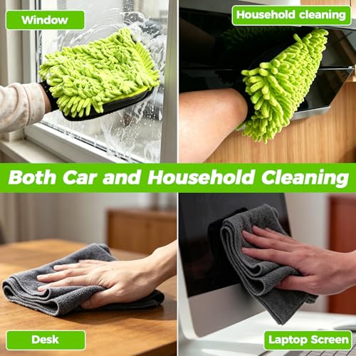 3-Piece Car Wash Kit: 2 Scratch-Free Chenille Microfiber Wash Mitts + 1 Large 400GSM Drying Towel, Lint-Free Auto Cleaning Set for Cars Trucks SUVs RVs | 2 Scratch-Free Chenille Washing Glove + 1 Large 400GSM Drying Towel, Lint-Free Auto Cleaning Set for