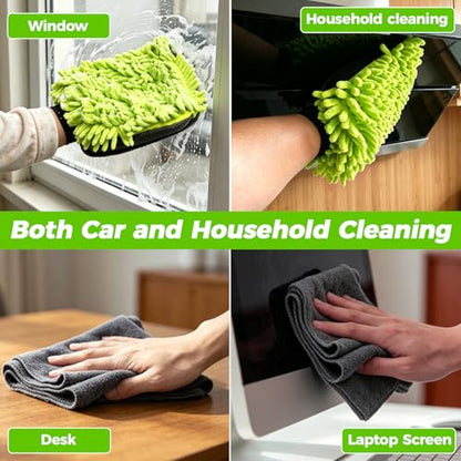 3-Piece Car Wash Kit: 2 Scratch-Free Chenille Microfiber Wash Mitts + 1 Large 400GSM Drying Towel, Lint-Free Auto Cleaning Set for Cars Trucks SUVs RVs | 2 Scratch-Free Chenille Washing Glove + 1 Large 400GSM Drying Towel, Lint-Free Auto Cleaning Set for