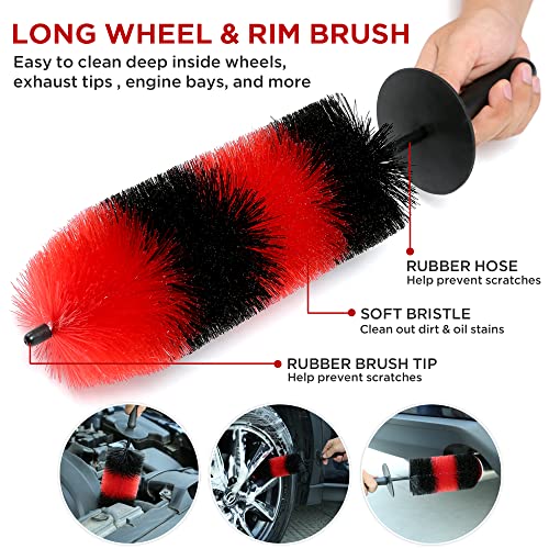 TAKAVU Car Wheel Detailing Kit, 8pcs, Scratch-Free 17in Barrel Brush | Includes Tire Scrubber, 5 Detail Brushes & Towel, Cleans Rims, Interior & Exterior, Safe Wheel Cleaner