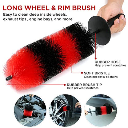 TAKAVU Car Wheel Detailing Kit, 8pcs, Scratch-Free 17in Barrel Brush | Includes Tire Scrubber, 5 Detail Brushes & Towel, Cleans Rims, Interior & Exterior, Safe Wheel Cleaner
