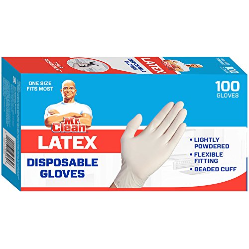 Mr Clean Latex Gloves Disposable Single Use Lightly Powdered Non-Sterile Multipurpose Uses One Size Fits Most Tear & Puncture Resistant Design 9.5-Inch Long with Beaded Cuff, 100-Count, Blue - size: 100 Count (Latex)
