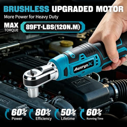 AwxryoX 3/8" Cordless Ratchet Wrench,89 FT-LBS (120N.m) Brushless Electric Ratchet Tool Kit with 2 x 2.0Ah,0-320RPM 21V Matraca Electrica with 7 Sockets,1/2" Adapter for Auto Repair Household DIY
