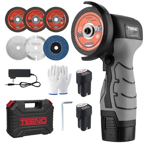 TEENO Cordless Angle Grinder Kit, 19,500 RPM Mini Handheld Grinder Tool with 2x 16.8V 2000mAh Batteries & 6 Discs, 3-Inch Cut-Off Grinder for Metal, Wood Cutting, Grey - color: Grey