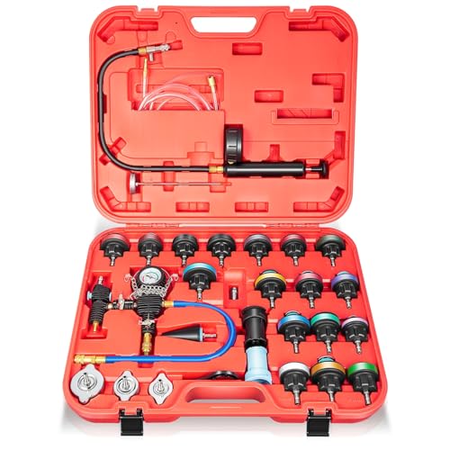 Auto Dynasty Coolant Pressure Tester Kit, 28Pcs Universal Radiator Pressure Tester Set for Cooling System, Automotive Coolant Vacuum Refill Tool Kit for Cars Motorcycles Trucks (Red) - color: Red