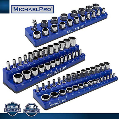 MichaelPro Magnetic Socket Organizer, Socket Tray, 3-Pc 1/4-inch, 3/8-Inch, & 1/2-Inch Magnetic Organizer Tray in Metric for Toolboxes/Cabinets| MP014002 - size: Metric