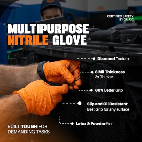 GRIPXX Herkules Grip Heavy Duty 8Mil Orange Nitrile Gloves,3D Raised Diamond Texture-Latex & Powder Free-Industrial, Mechanic (2, Medium) - size: Medium, style: Orange - 200 Count