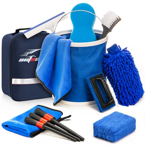 12Pcs Boat Wash Cleaning Kit with Collapsible Bucket Wash Sponge Mitt Microfiber Towel Squeegee Scrub Pads Brushes Complete Interior Exterior Cleaning Set for Boat