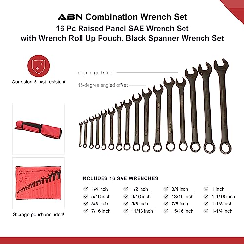ABN Combination Wrenches Set Metric and Standard - 32 Piece SAE and Metric Wrench Set with Roll Up Pouch