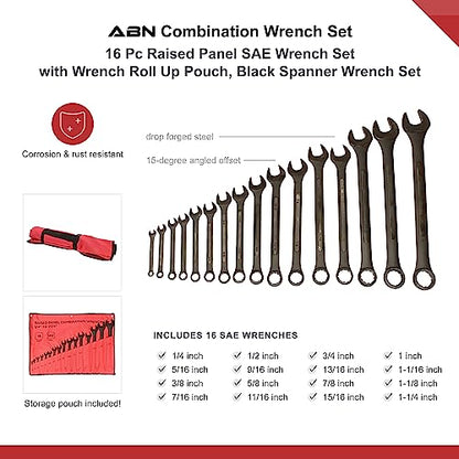 ABN Combination Wrenches Set Metric and Standard - 32 Piece SAE and Metric Wrench Set with Roll Up Pouch