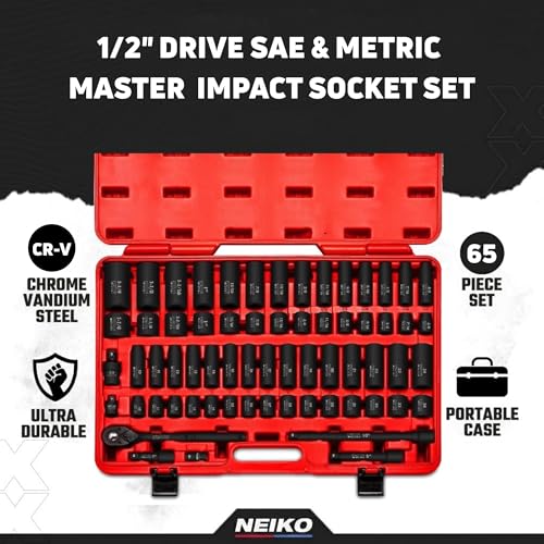 NEIKO 02448A 1/2" Drive Master Impact Socket Set, 65 Piece, Standard SAE (3/8"-1-1/4") & Metric (10-24 mm) Sizes, Deep & Shallow Kit, Includes Adapters & Ratchet Handle