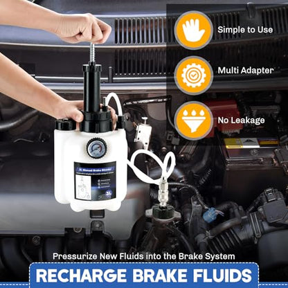 3L Manual Brake Bleeder Kit with 1L Brake Fluid Bleed Bottle | One-Person Brake Pressure Bleeder Kit with 4 Master Cylinder Adapters, Suitable for Select Vehicle Brake Systems