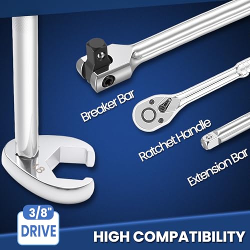 3/8" Drive Metric Crow foot Wrench Set 10-Piece 10-22mm, CR-V Steel Flare Nut Design, for Automotive & Plumbing Tight Spaces Access with Clip-On Organizer