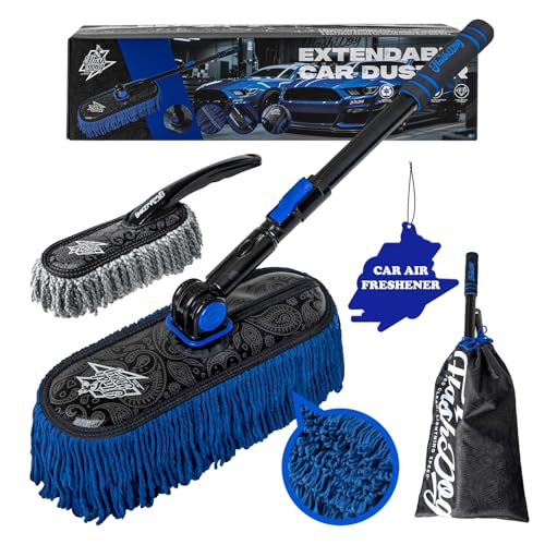 Flash Dog Car Duster Exterior with Car Duster Interior | Wax Cotton Hair Scratch Free Cleaning for Cars, SUVs, Trucks | Waterless Dust Remover & Detailing Brushes Set with Storage - color: Light Blue