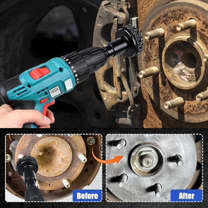 Wheel Hub Cleaning Kit, Brake Dust Remover Wheel Cleaning Automotive Tools Sets with 15 Pads,Holder and Adapte Fits for Power Drill or 1/2" Impact Driven Wrenches