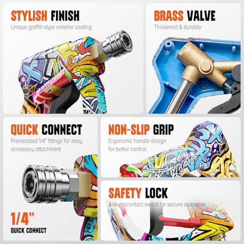 Short Pressure Washer Gun with Swivel, Power Washer Gun | 4000PIS Pressure Washer Wand for Foam Cannon, 3/8" & M22-14mm Connect, 1/4" Quick Connect, Car Washer Gun 5 Spray Nozzle - color: Graffiti-360° Swivel Inlet