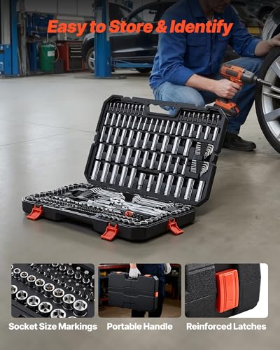VEVOR Mechanics Tool Set, 253-Piece Mechanic Tool Kit, 1/4 in, 3/8 in, and 1/2 in Drive, SAE and Metric Socket Set, Wrenches, Screwdriver Bits, Accessories, and Storage Case, for Automotive Repair - size: 1/4"&3/8"&1/2", style: 253 PCS