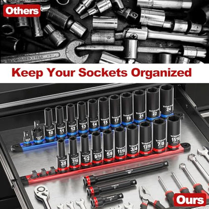 Deep Impact Socket Set 1/2" Drive - Trivd Frol 26pcs Socket Set Metric and Standard Full with Magnetic Socket Organizer, CR-MO Metric Socket Set 10-24mm & SAE Socket 3/8"-15/16", Extensions, Adapter